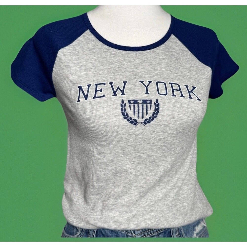 Wonder Nation New York Baby-T tee 100% Cotton Spandex Gray Blue Jersey Sz L